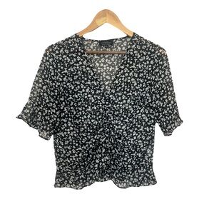 Lucky Brand Black and White Floral Sheer Ruffle Sleeves V-Neck Top XS Blouse